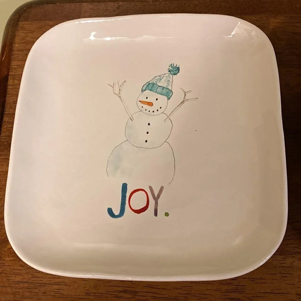 EUC Rae Dunn JOY Snowman Ceramic Plates Set of 3